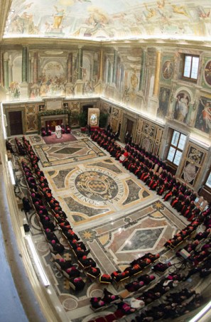 This handout picture released on December 22, 2014 by the Vatican press office shows Pope Francis delivers his speeches to the prelates during the audience of the Curia, the administrative apparatus of the Holy See, for Christmas greetings in the Sala Clementina of the Apostolic Palace at the Vatican. AFP PHOTO / OSSERVATORE ROMANO/HO RESTRICTED TO EDITORIAL USE - MANDATORY CREDIT "AFP PHOTO / OSSERVATORE ROMANO" - NO MARKETING NO ADVERTISING CAMPAIGNS - DISTRIBUTED AS A SERVICE TO CLIENTSOSSERVATORE ROMANO/AFP/Getty Images