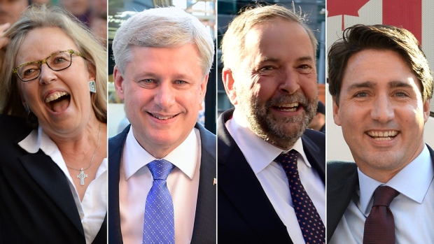 Liberal leader Justin Trudeau, from left, Green Party leader Elizabeth May, NDP Leader Thomas Mulcair and Conservative Leader Stephen Harper had a slow few days leading up to the first debate of the campaign on Thursday. (Canadian Press )
